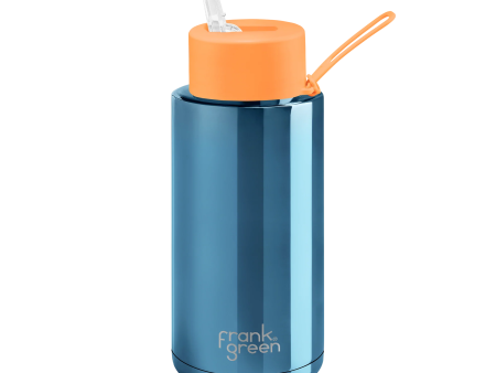 Frank Green - Ceramic Reusable Bottle with Straw Lid - Chrome Blue with Neon Orange (1L 34oz) on Sale